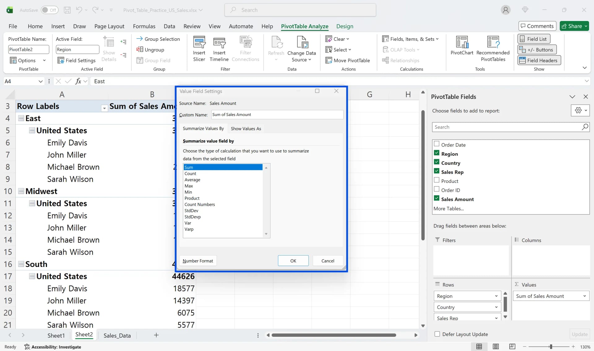 Value Field Settings dialog showing Sum selected among aggregation options like Count and Average