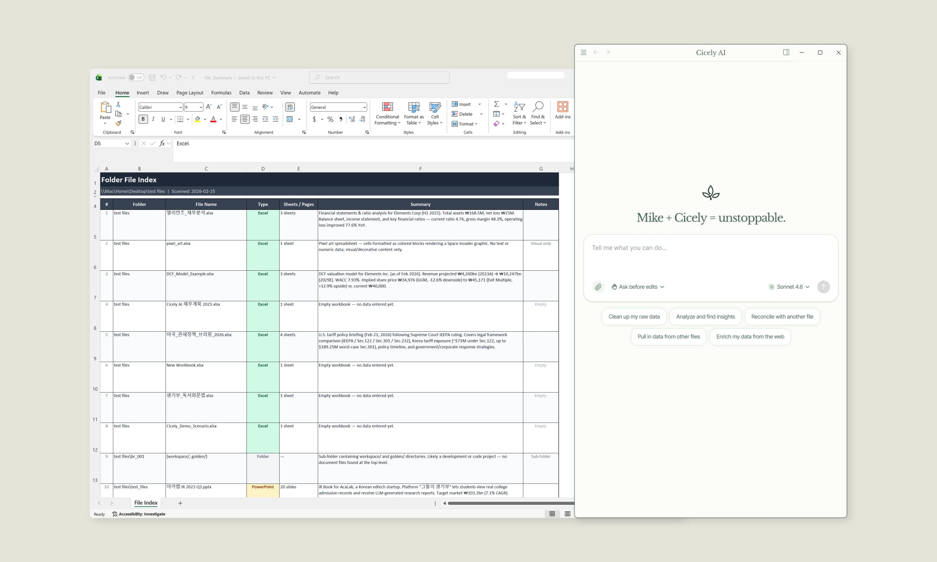inline AI desktop app ready to work alongside an Excel workbook with file index data