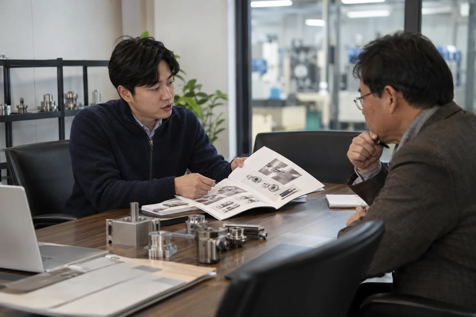 제조사 사무실 회의 테이블에서 영업 담당자가 맞은편 구매 담당자에게 출력한 회사소개서를 펼쳐 보이고 테이블 위에 금속 부품 샘플이 놓인 장면