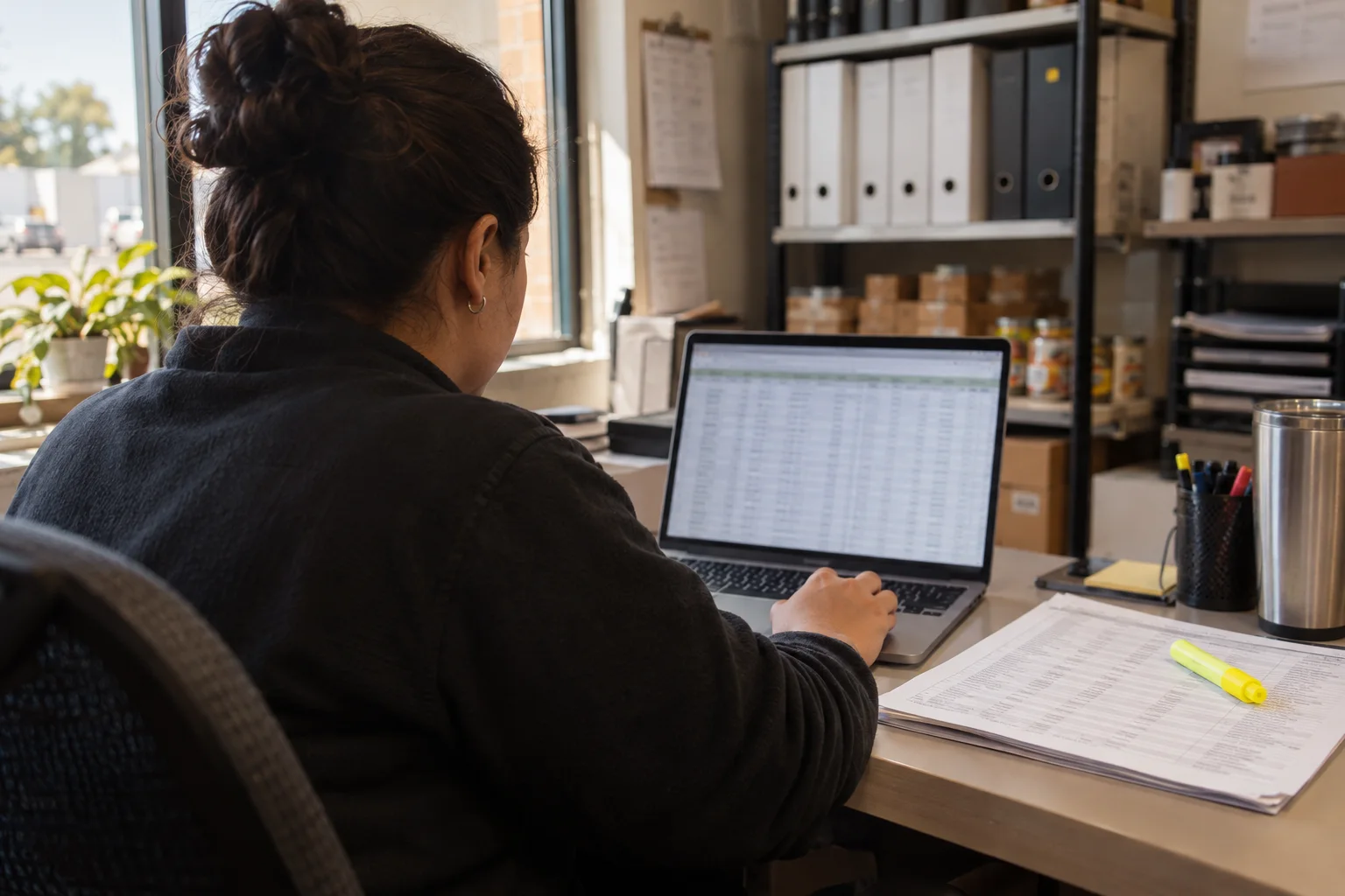 An order clerk reviewing a long order spreadsheet on a laptop, with a printed copy and a highlighter on the desk