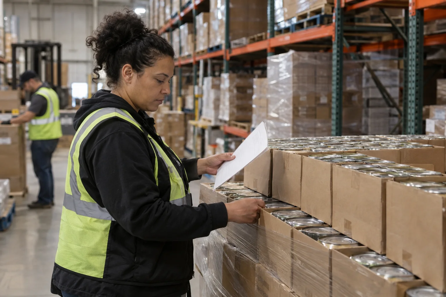 A shipping coordinator in a warehouse checking a printed pick list against cases of canned goods on a pallet
