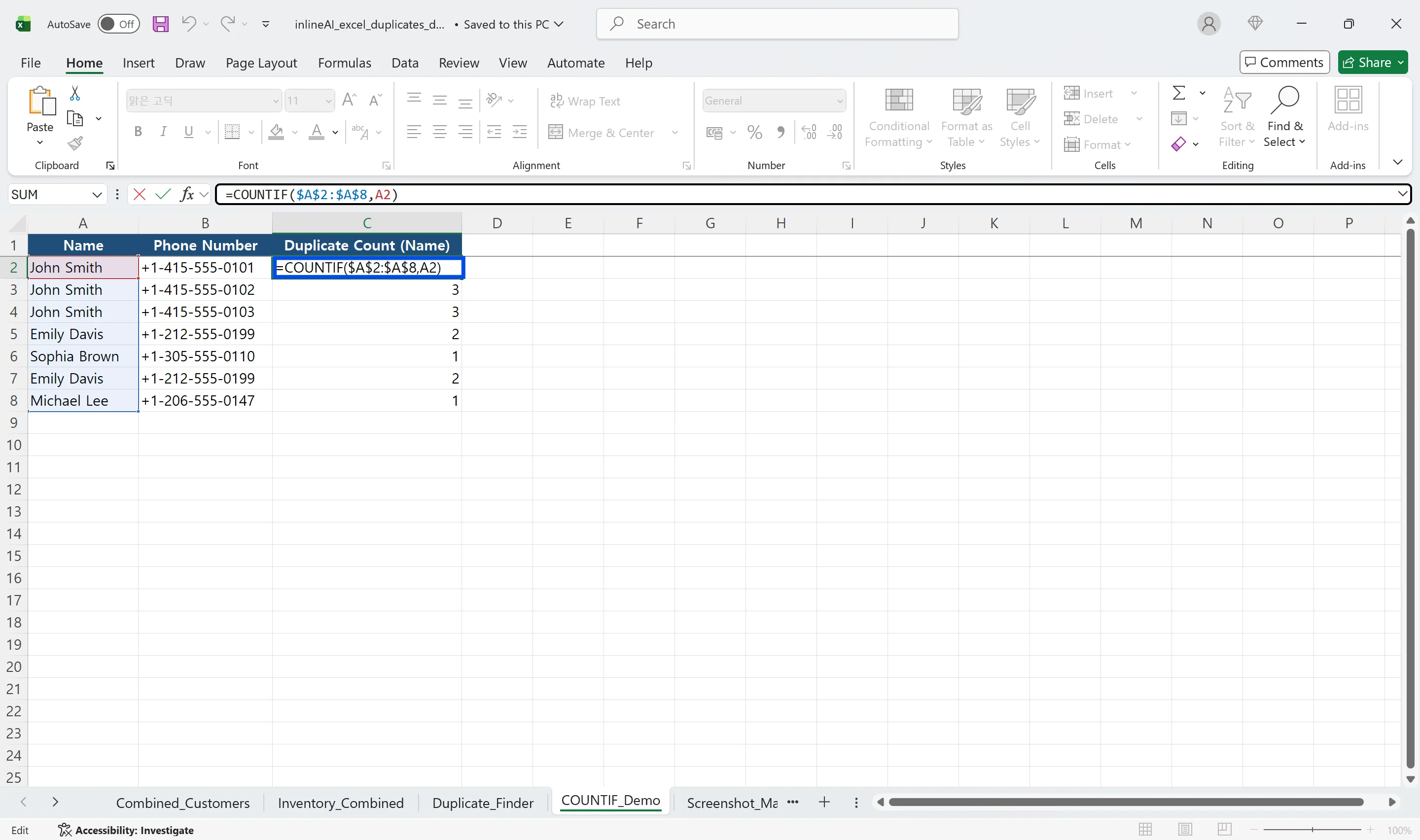 COUNTIF formula in Excel counting duplicate names across a data range
