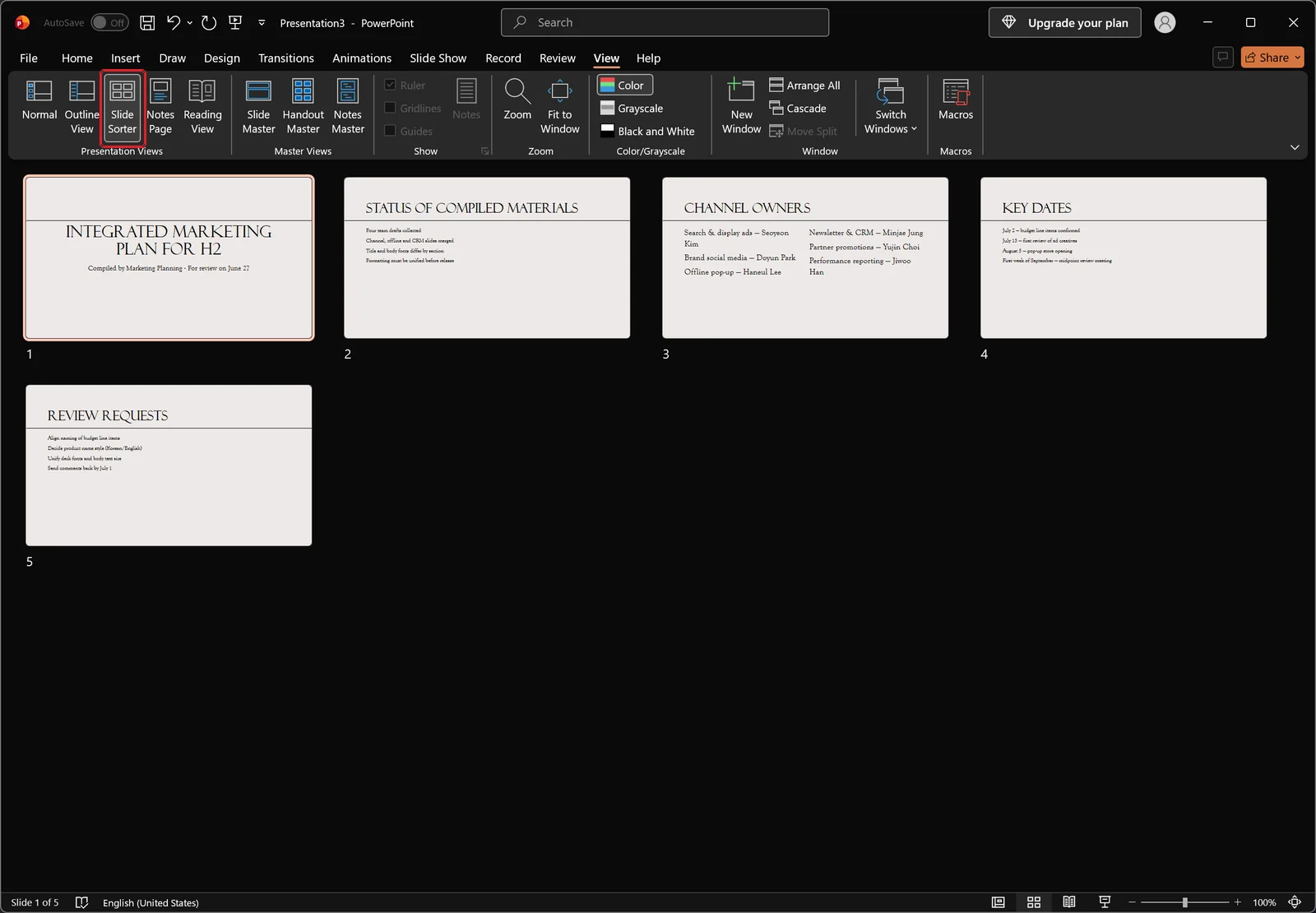 PowerPoint in Slide Sorter view showing all slide thumbnails, red box on the Slide Sorter button