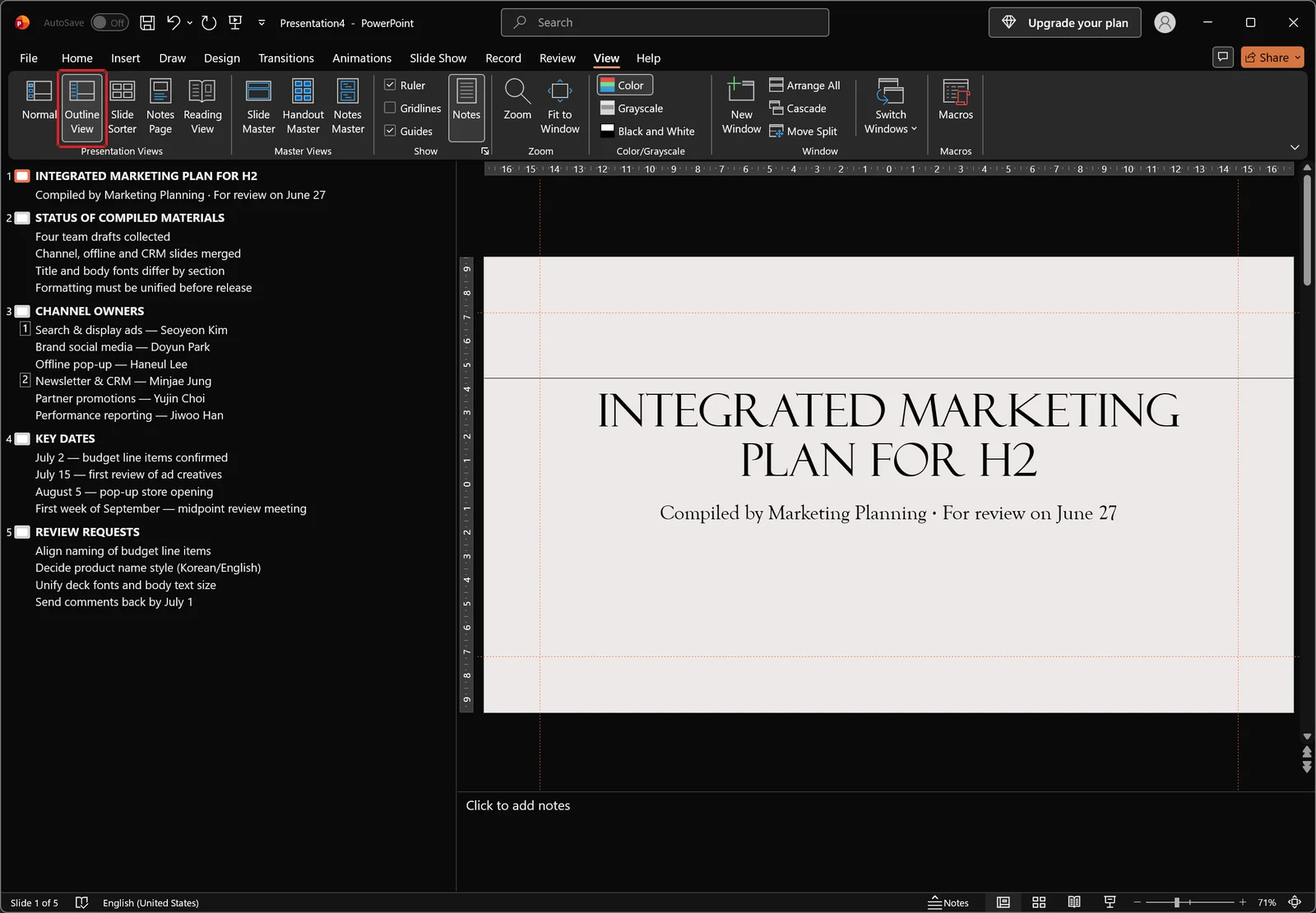PowerPoint Outline view listing slide titles and body text in the left pane, red box on the Outline View button