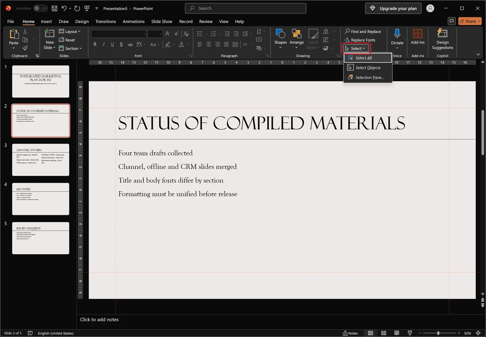 PowerPoint Home tab with the Select dropdown open in the Editing group, red box on the Select button