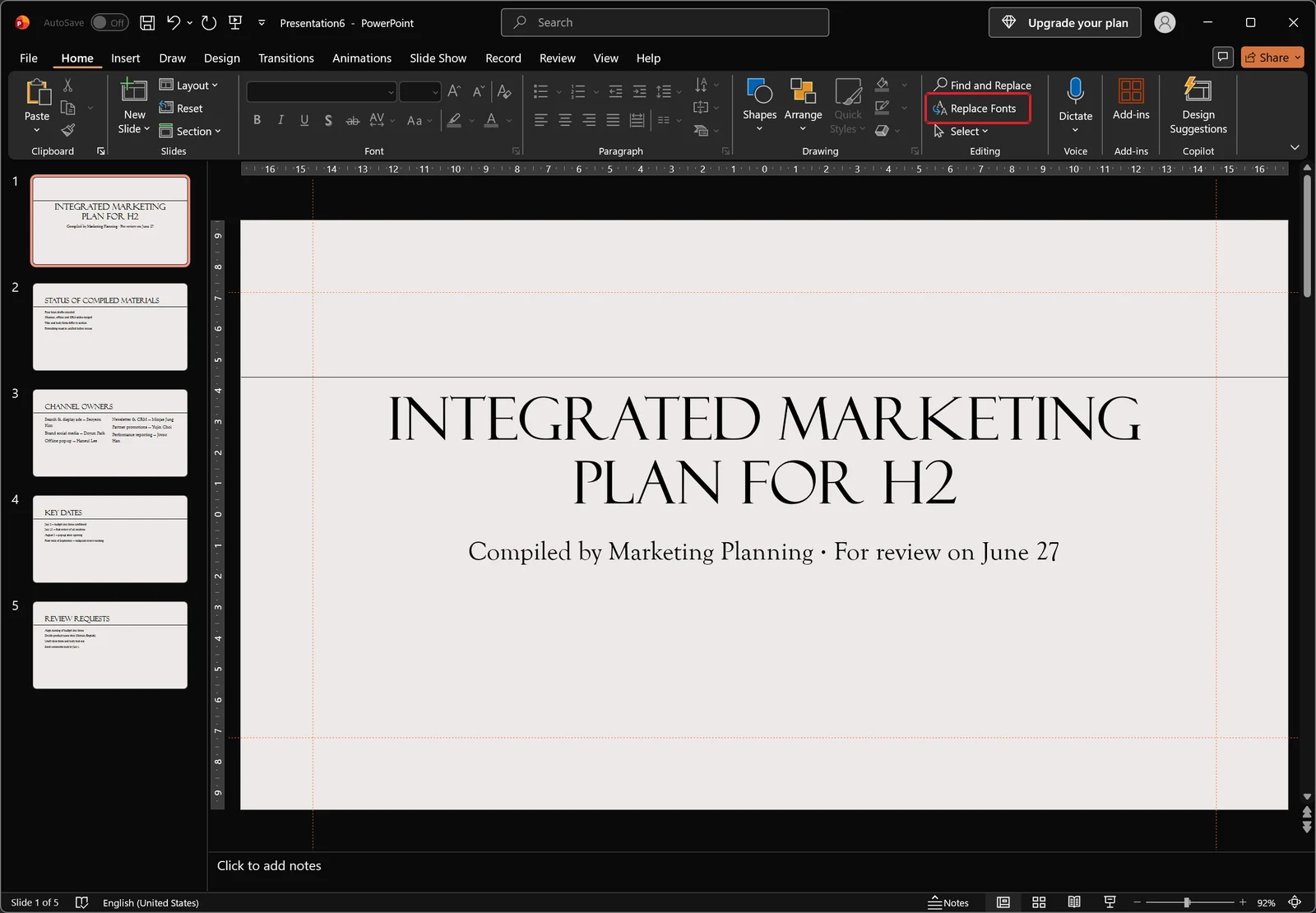 PowerPoint Home tab ribbon with a red box marking the Replace Fonts command in the Editing group