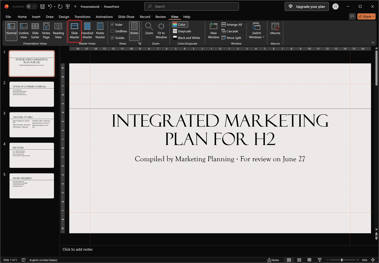 PowerPoint View tab with a red box on the Slide Master button in the Master Views group