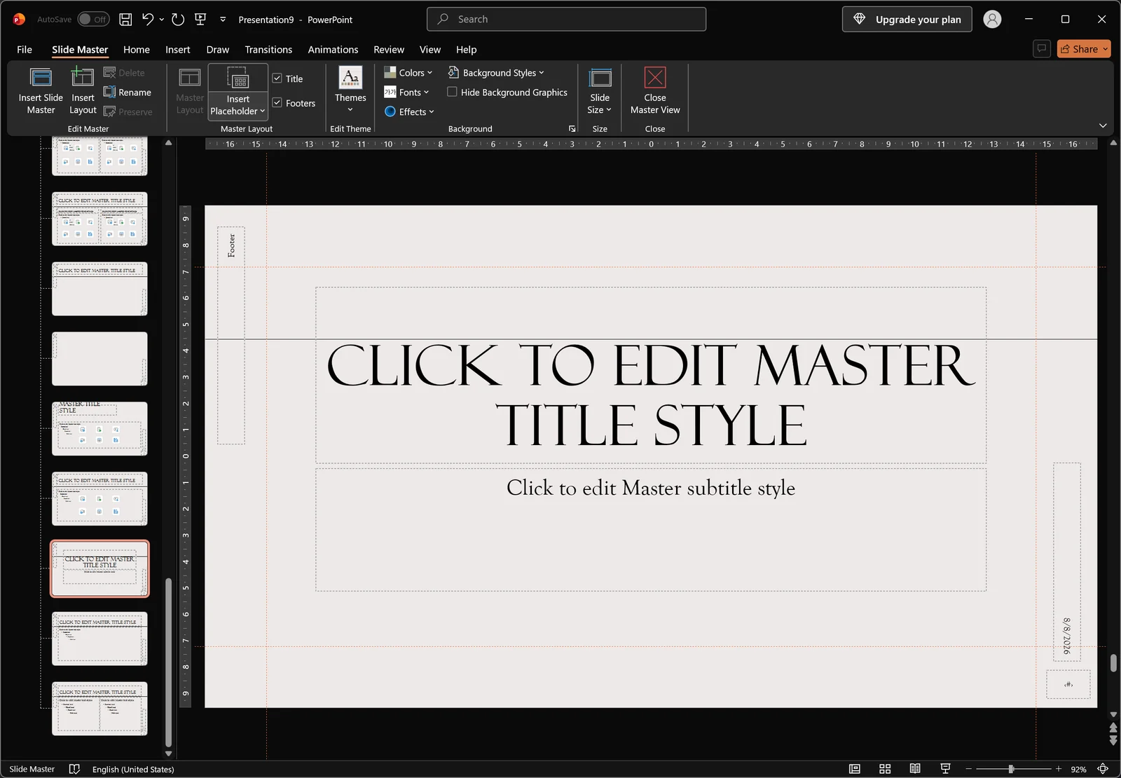PowerPoint in Slide Master view with the master and layout thumbnails on the left and placeholder master slide on the right