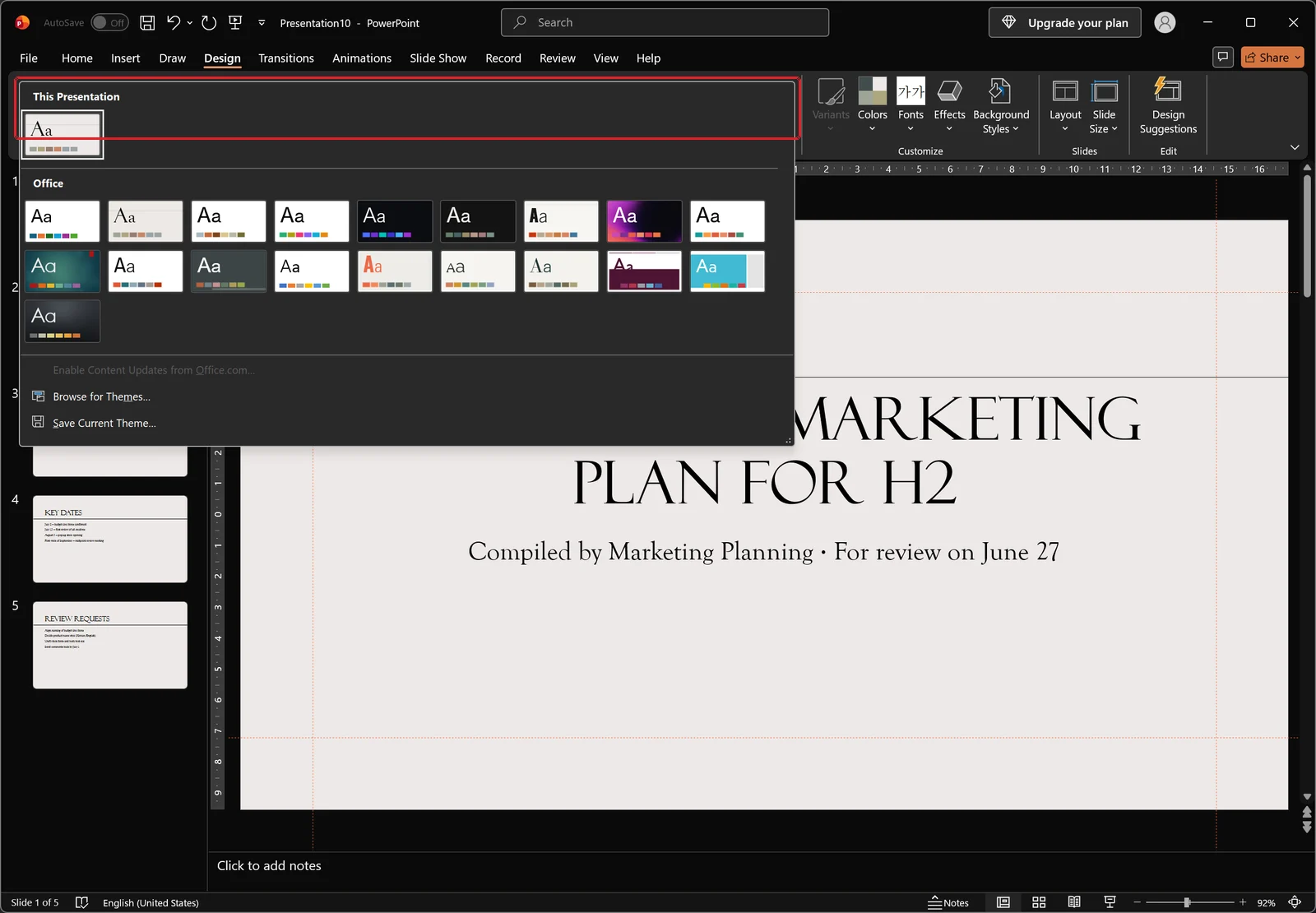 PowerPoint Design tab with the Themes gallery expanded showing theme thumbnails, red box on the gallery