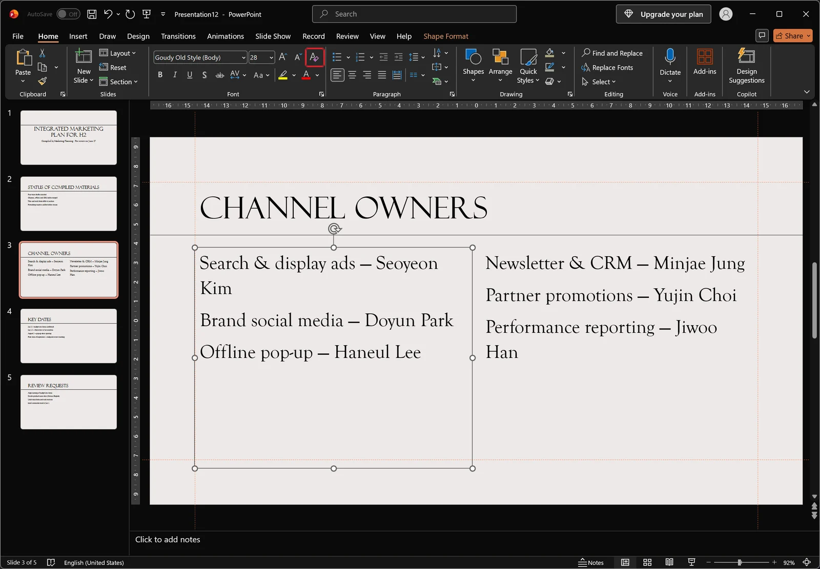 PowerPoint after applying Clear All Formatting to a selected text box, red box on the Clear All Formatting button