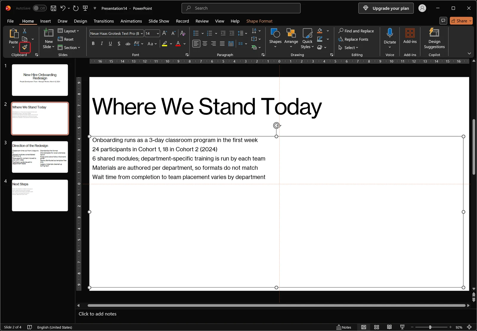 PowerPoint Home tab with a text placeholder selected and a red box on the Format Painter button