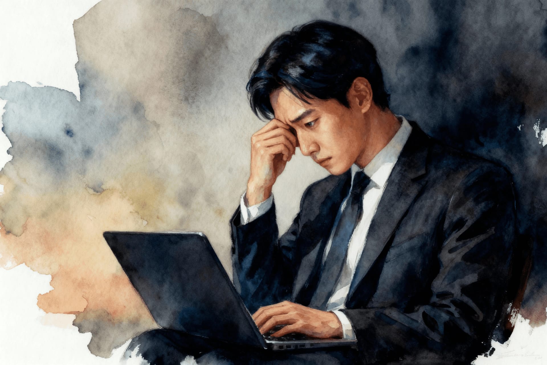 노트북을 바라보며 이마를 짚고 괴로워하는 남성, 문서 양식 맞춤에 대한 스트레스를 상징적으로 나타냄