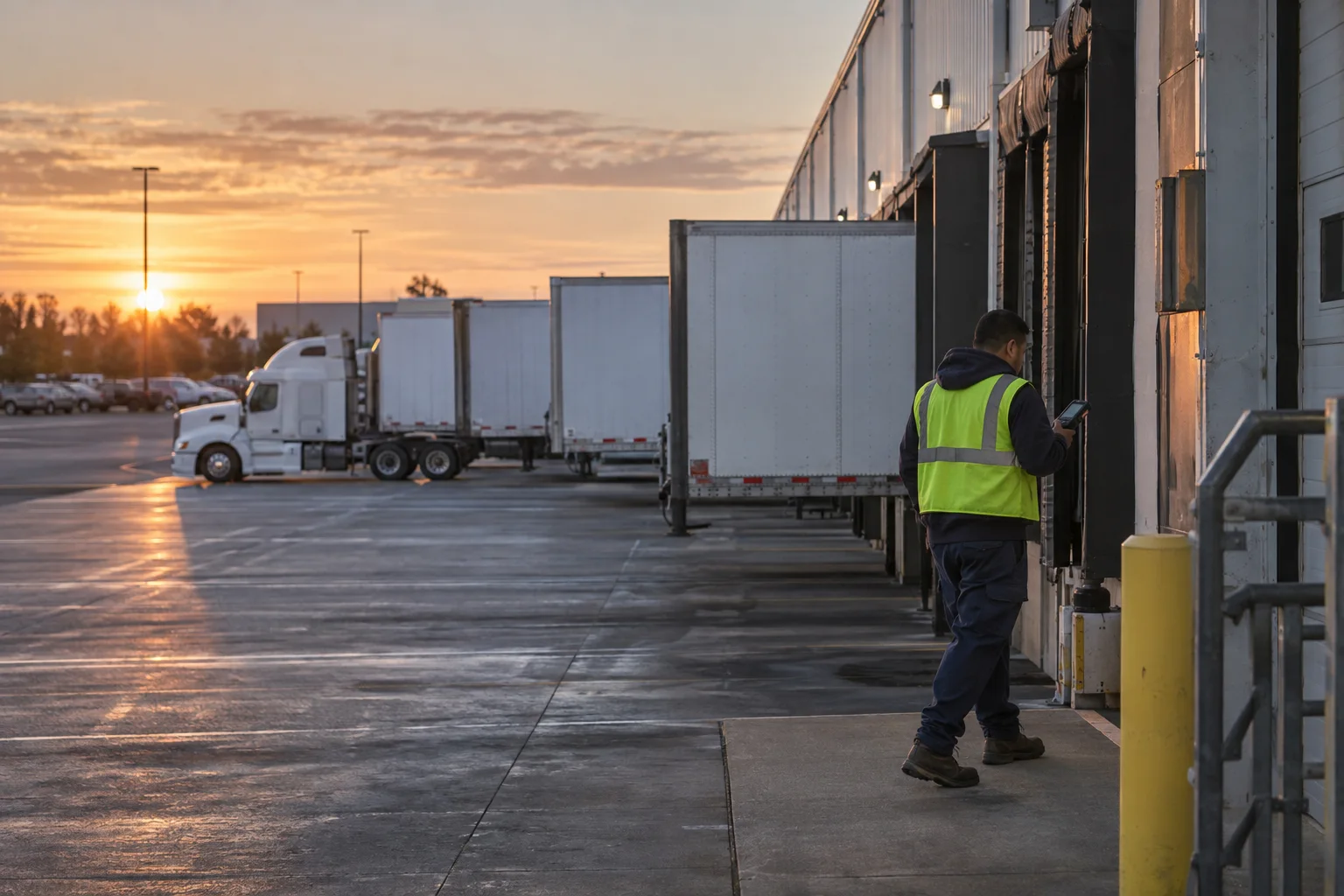 Trailers backed into the loading docks of a US wholesale distributor at sunrise