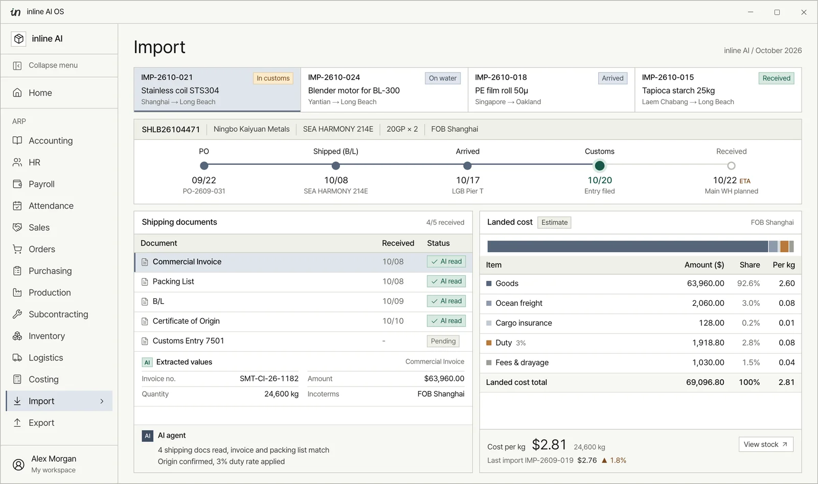 Import module showing an inbound stainless coil shipment in customs, its shipping documents read by AI, and a landed cost breakdown of goods, ocean freight, insurance, duty and fees to $2.81 per kg