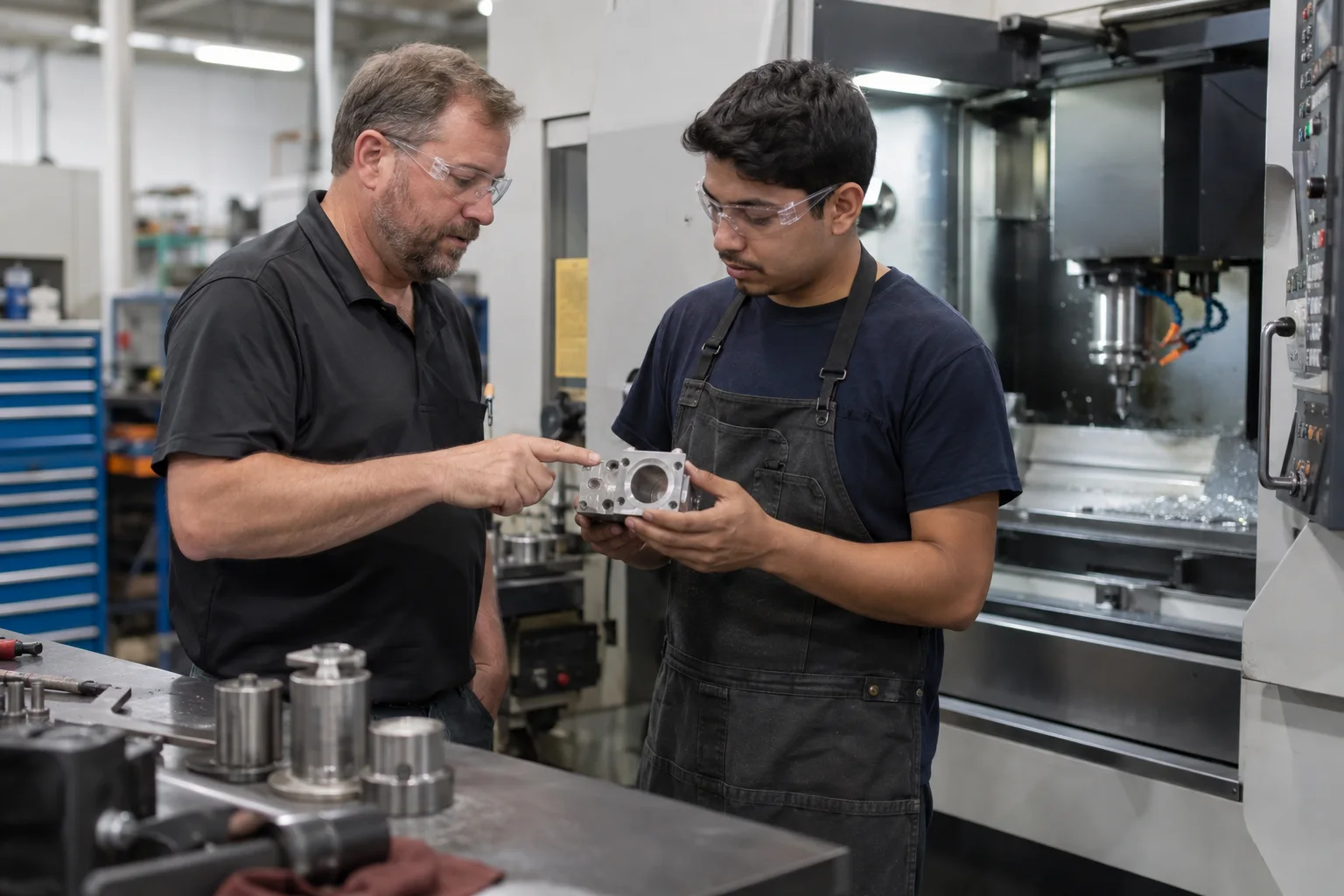 A production supervisor and a machinist discussing a part beside a CNC machine in a US metal parts plant