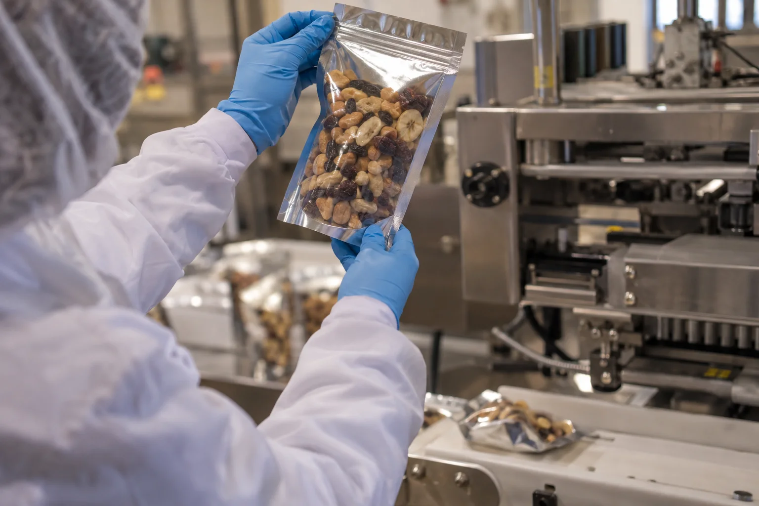 Quality engineer in a hairnet and lab coat holding a sealed pouch up to the light beside the sealing machine