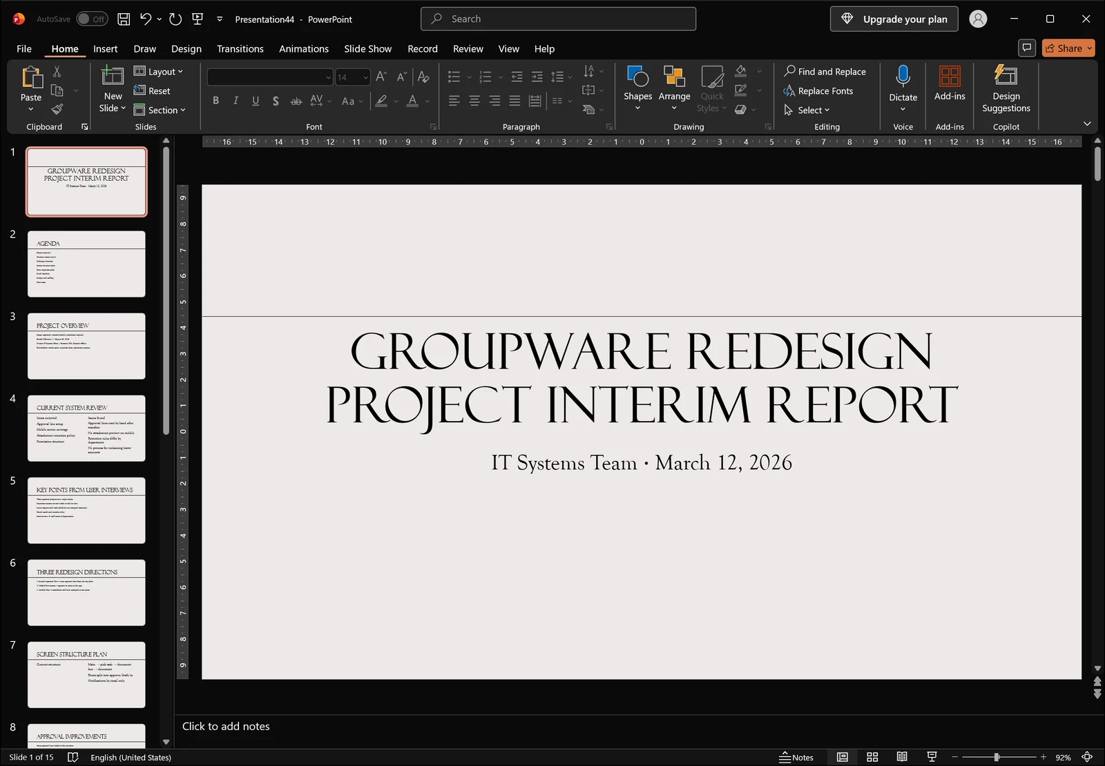PowerPoint normal view before sections — the left thumbnail pane lists many numbered slides in one continuous run with no section headers
