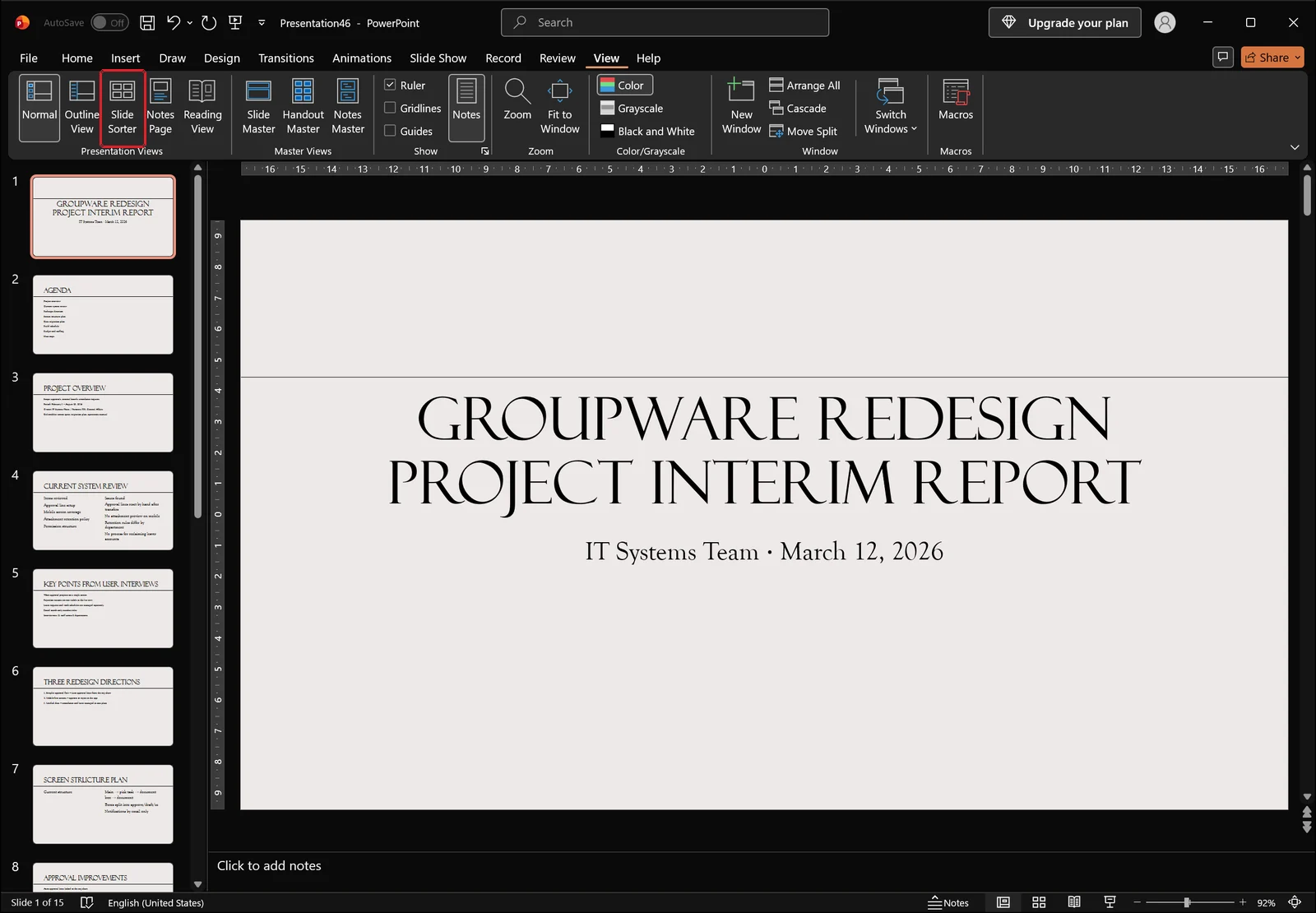 PowerPoint View tab with the Slide Sorter button highlighted in the presentation views group