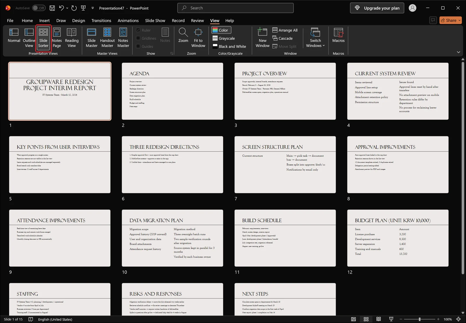Slide sorter view showing all slide thumbnails in a grid with no section headers yet