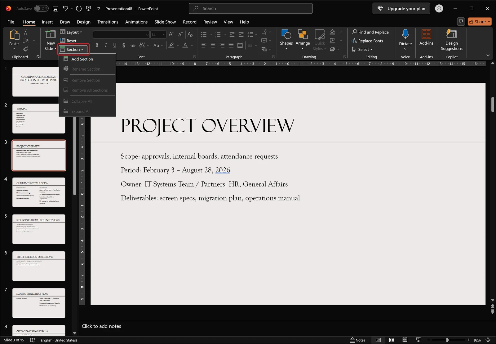 Home tab with the Section dropdown open showing add, rename, remove, collapse all and expand all commands