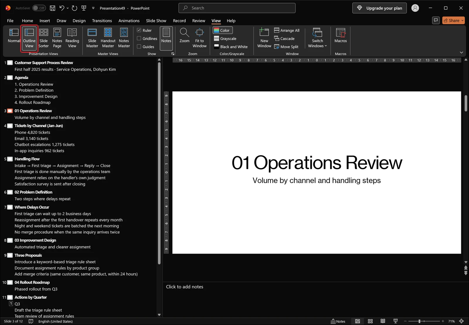 Outline view with slide titles and bullet text listed as an indented outline in the left pane
