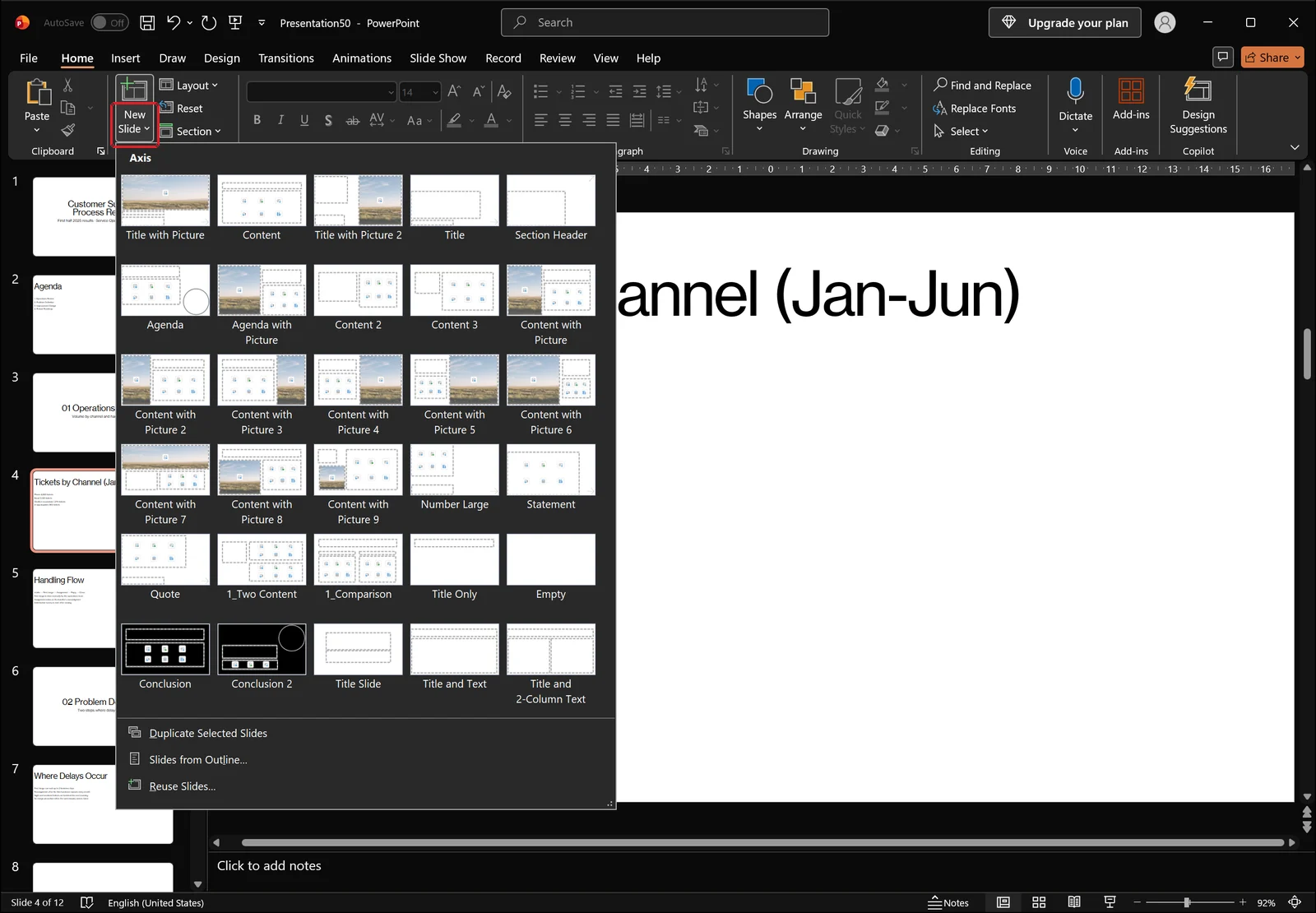 Home tab with the New Slide layout gallery open under the Axis heading, showing Title Slide, Section Header, Title and Text, Title and 2-Column Text, Content and Title Only layouts