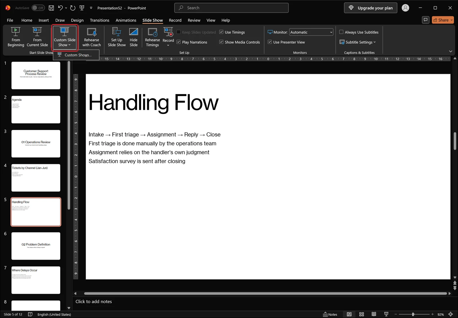 Slide Show tab with the Custom Slide Show menu open showing a single Custom Shows… item, and plain numbered slide thumbnails in the pane