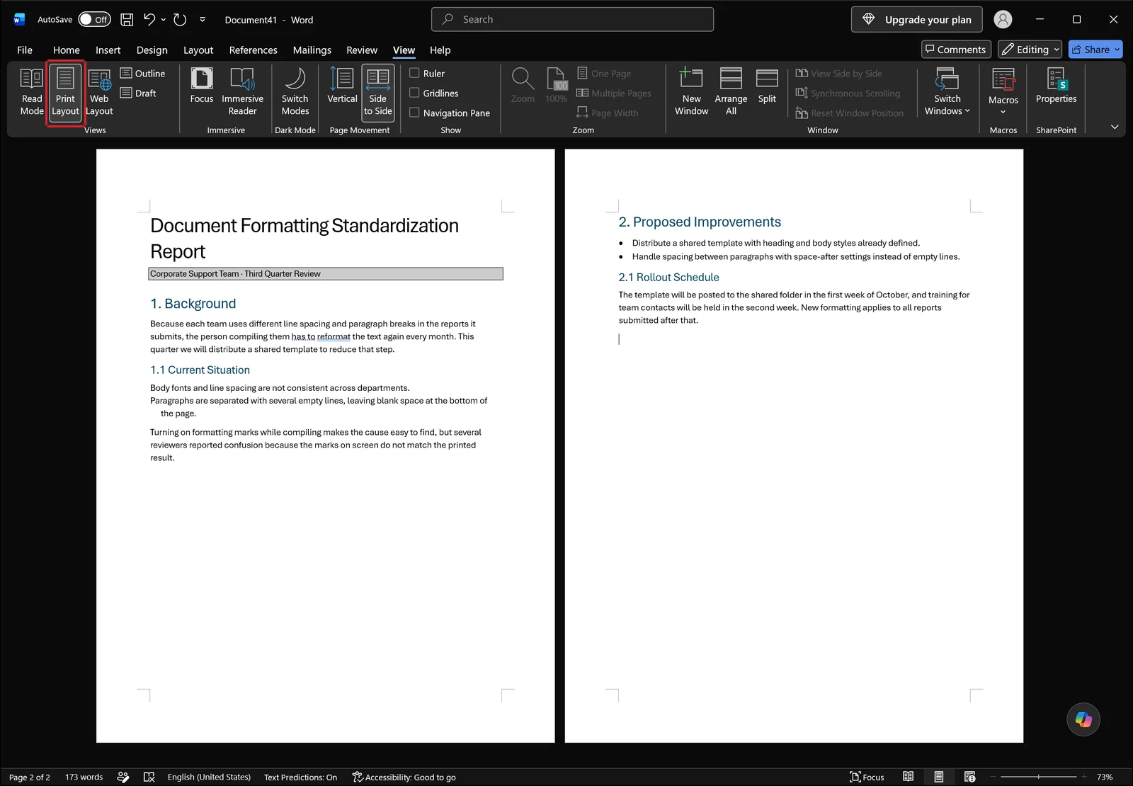 Word window in Print Layout view with page edges visible and a red box on the Print Layout button in the View tab