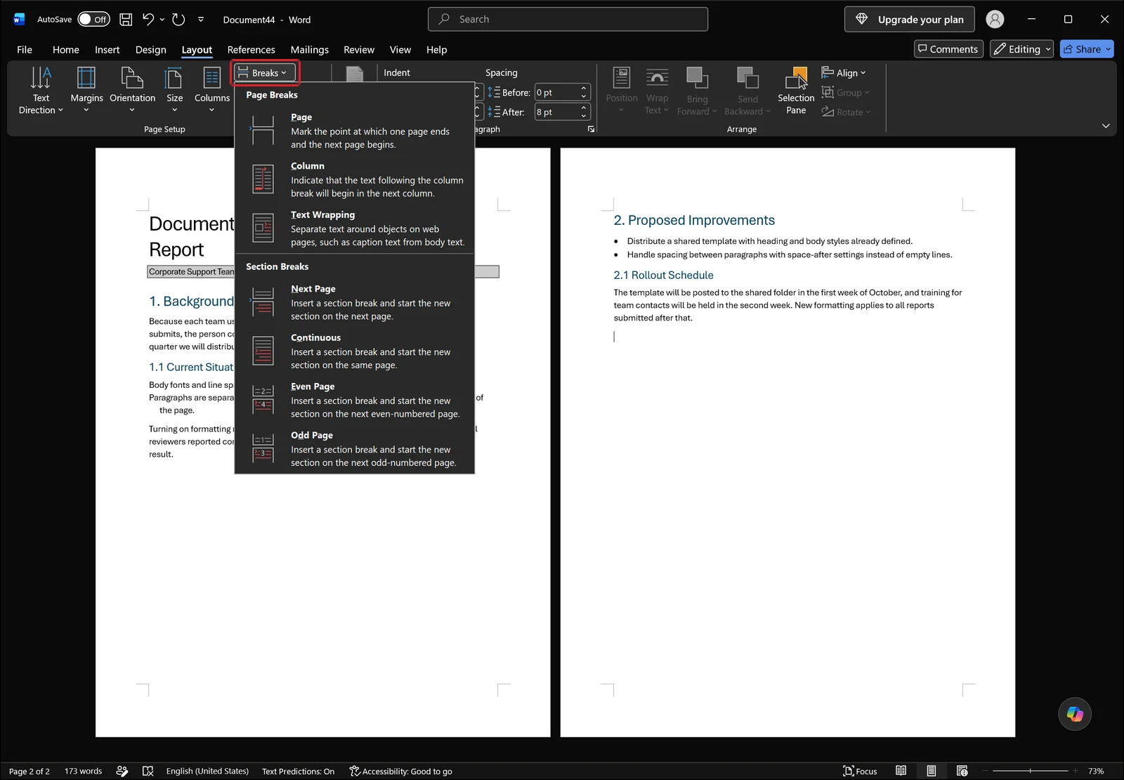 Word Layout tab with the Breaks dropdown open showing page break and section break options