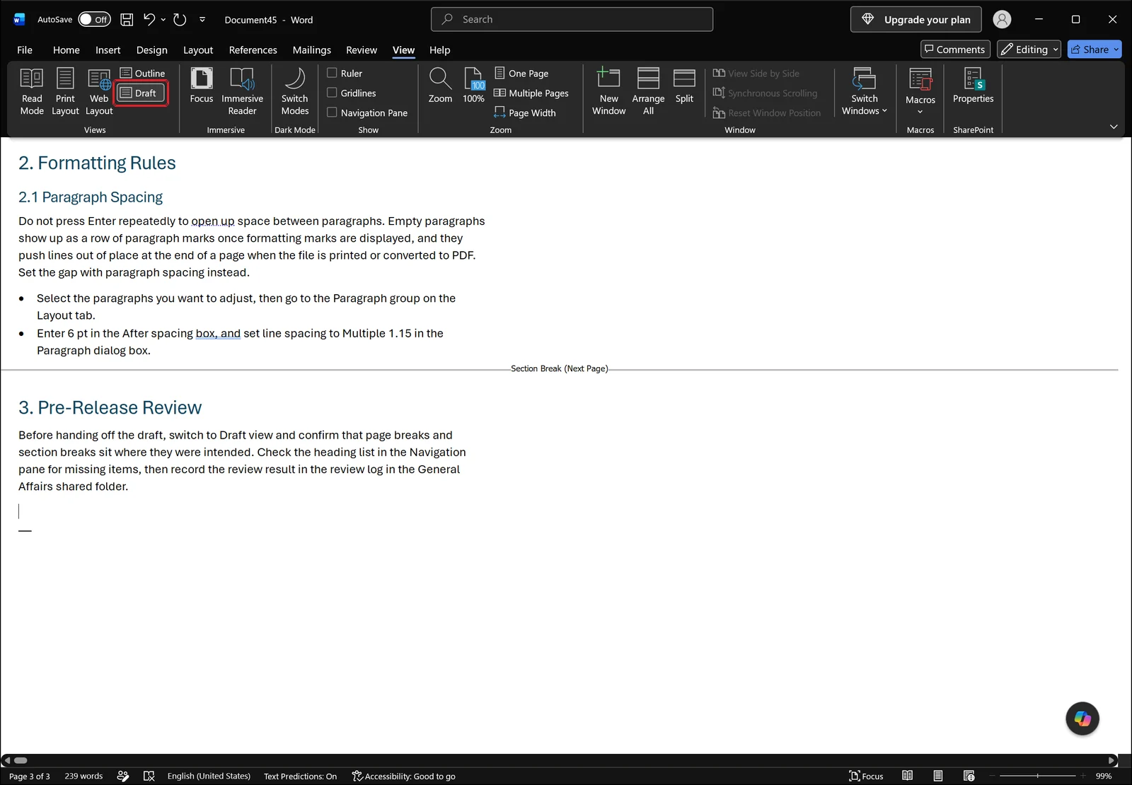Word window in Draft view showing continuous text with dotted break lines, red box on the Draft button