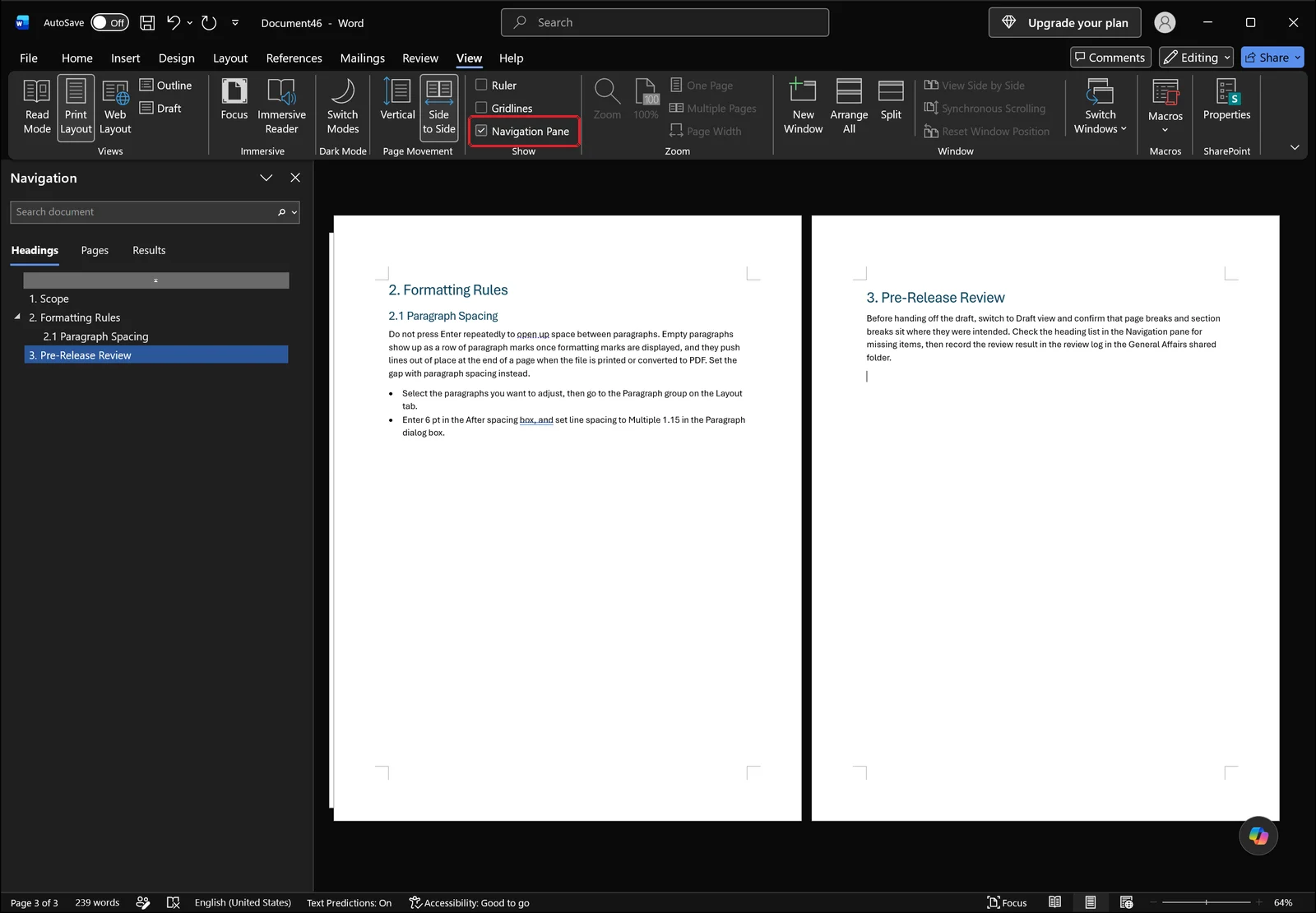 Word window with the Navigation pane open on the left listing headings, red box on the Navigation Pane checkbox