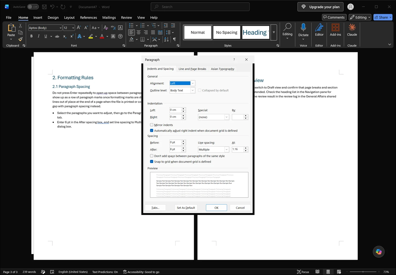 Word Paragraph dialog open showing indentation, spacing before/after and line spacing settings with a preview