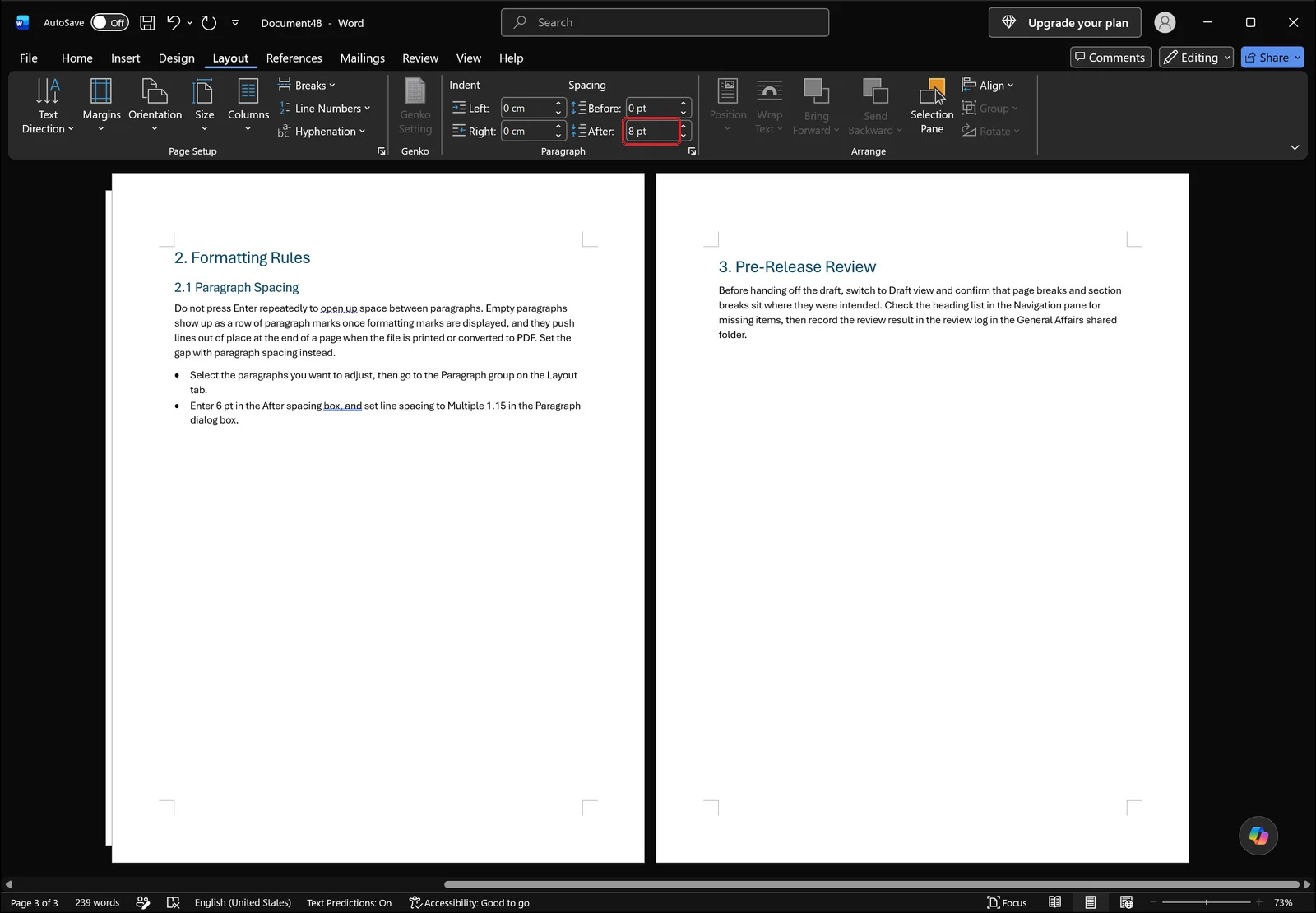 Word Layout tab Paragraph group with a red box on the Spacing After value box, loosely spaced body text below