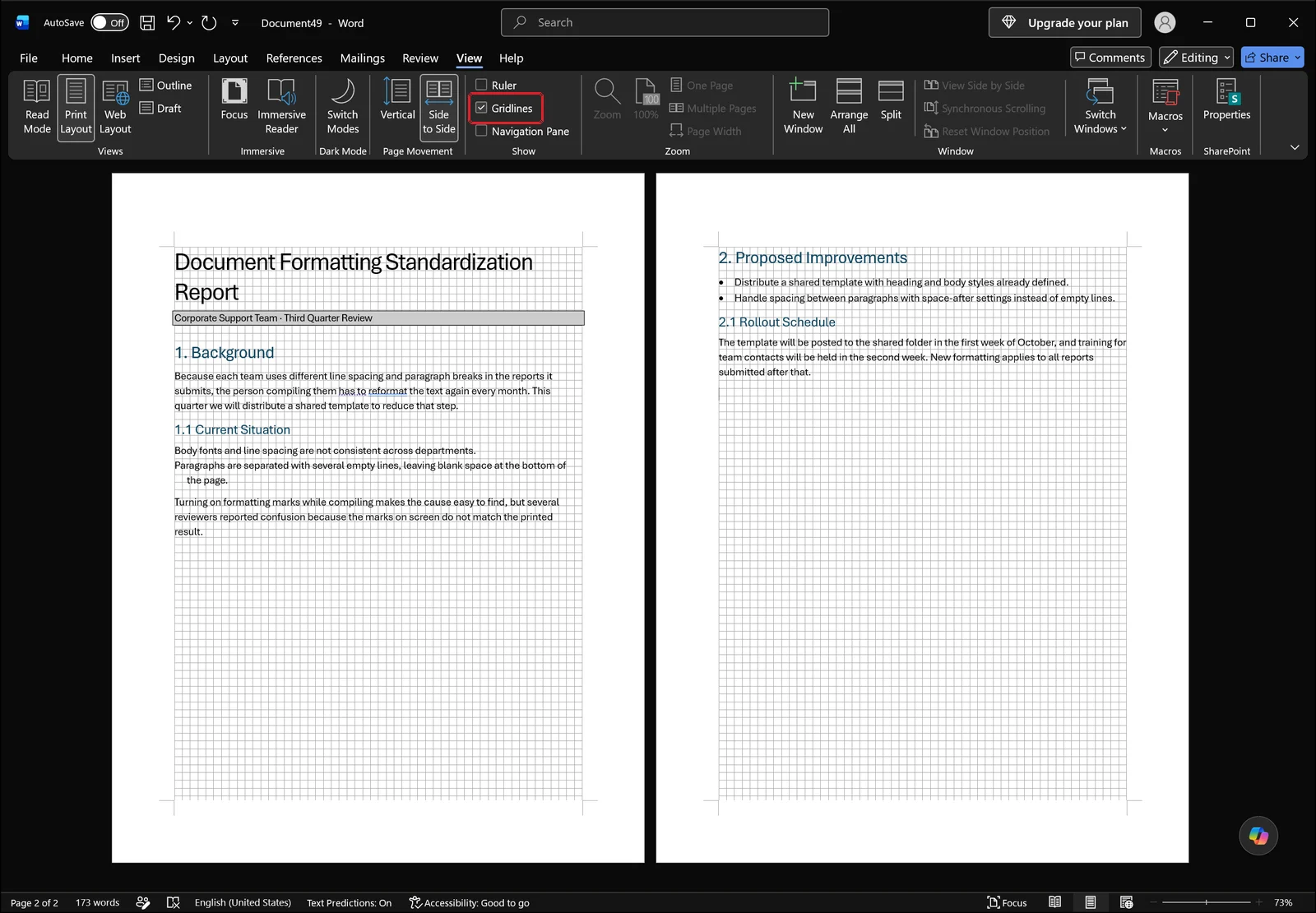 Word window with gridlines turned on behind the document text and a red box on the Gridlines checkbox