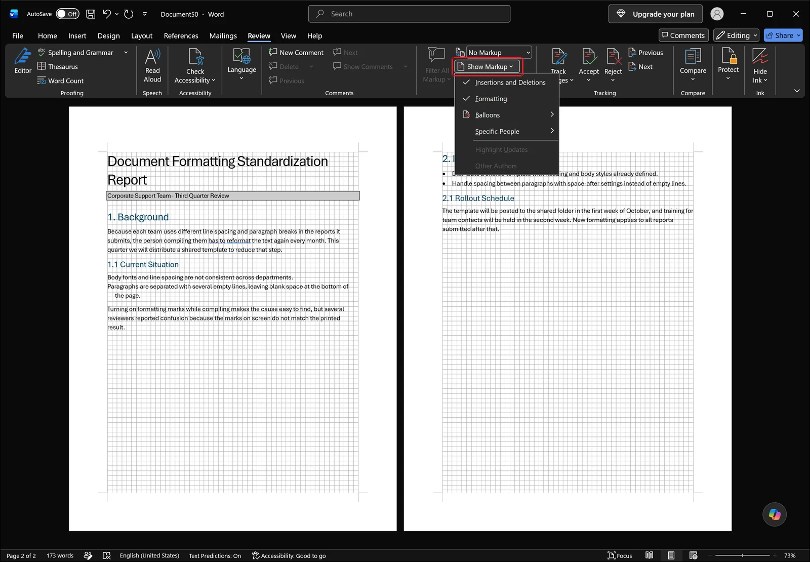 Word Review tab with the Show Markup dropdown open listing Insertions and Deletions, Formatting, Balloons and Specific People
