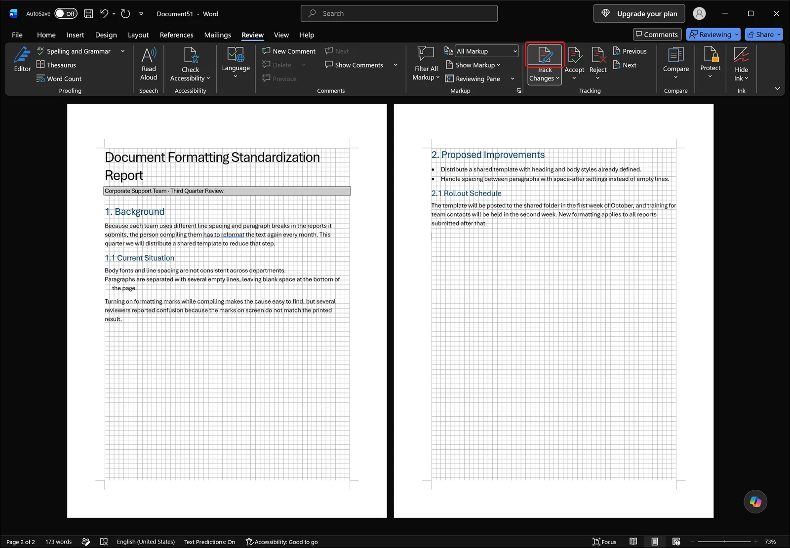 Word Review tab with a red box drawn around the Track Changes button