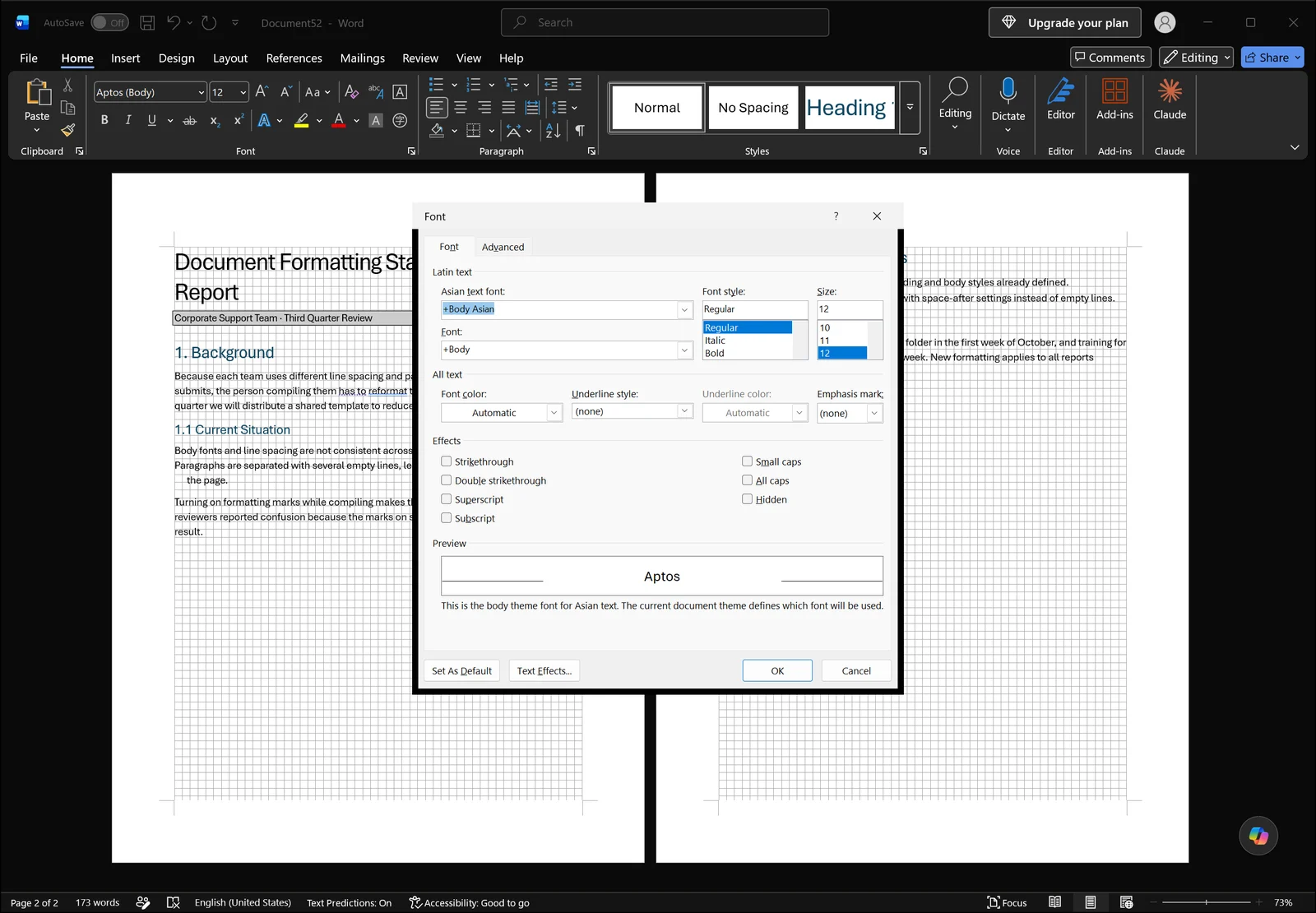 Word Font dialog open showing font lists, effect check boxes including Hidden, and a preview area