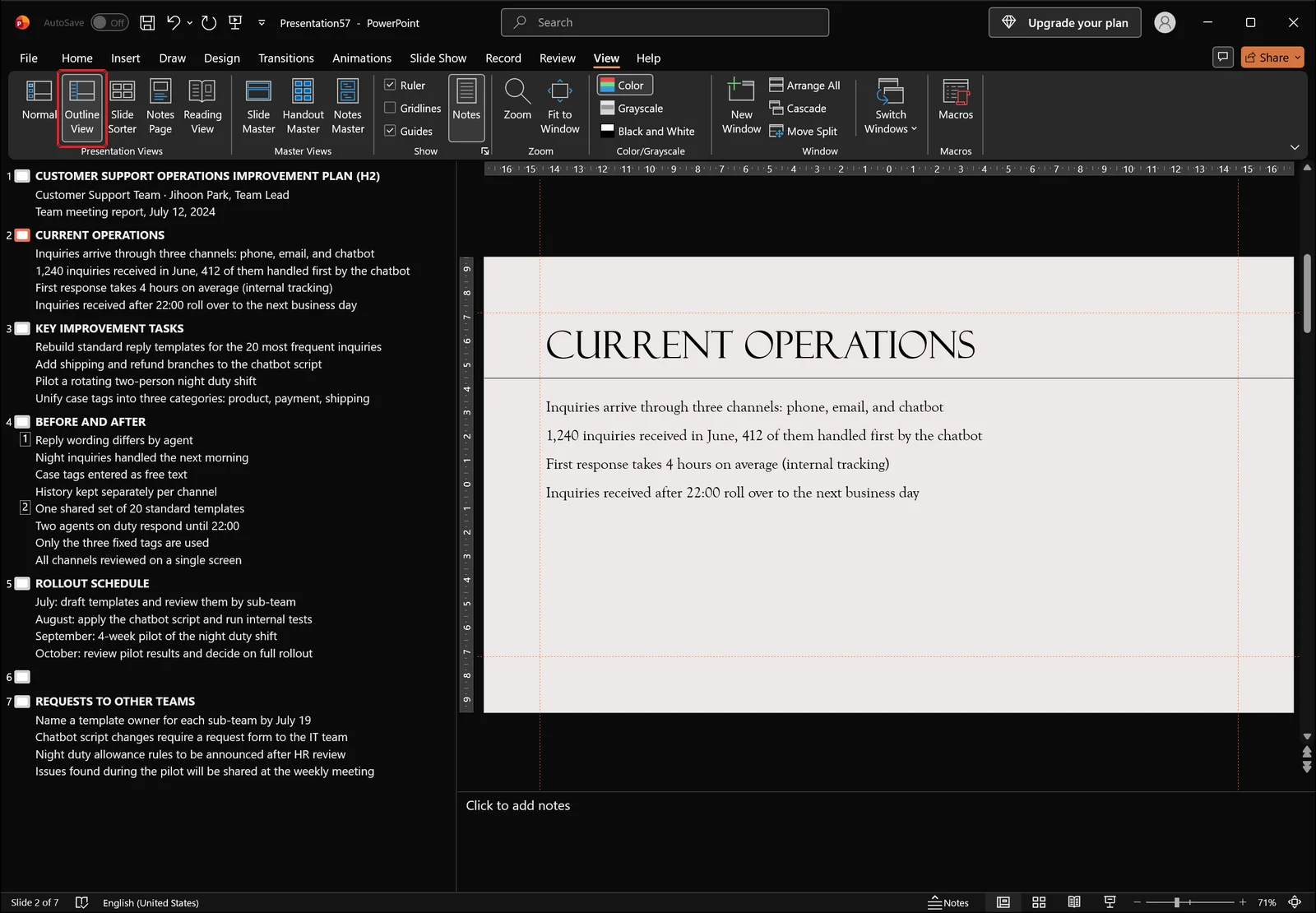 PowerPoint Outline view with slide titles and bullet text listed in the left pane, red box on the Outline View button