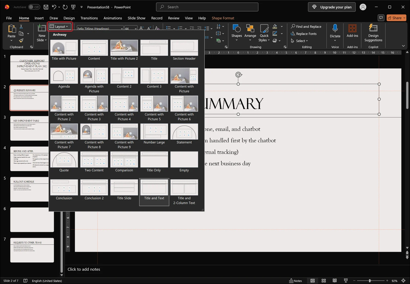 PowerPoint Home tab with the slide Layout gallery open showing layout thumbnails such as Content, Title and Text, Title Only and Empty, red box on the Layout button