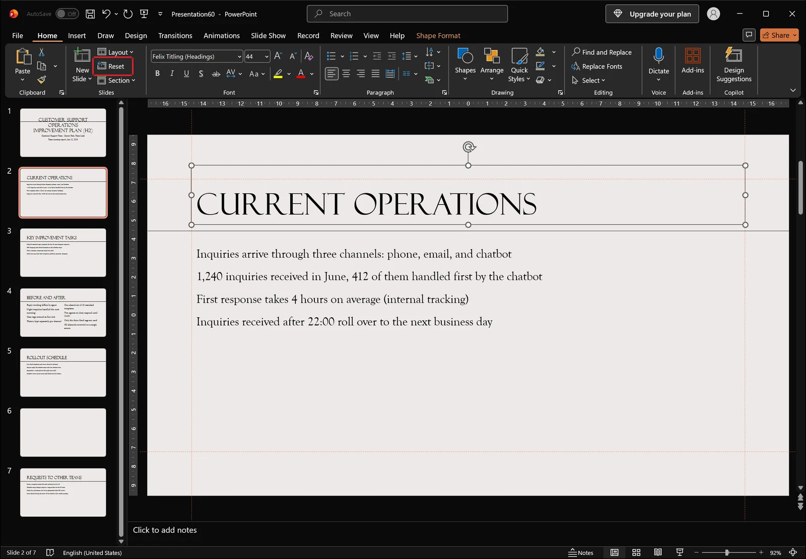 PowerPoint Home tab with the title placeholder selected on the slide, red box on the Reset button in the Slides group