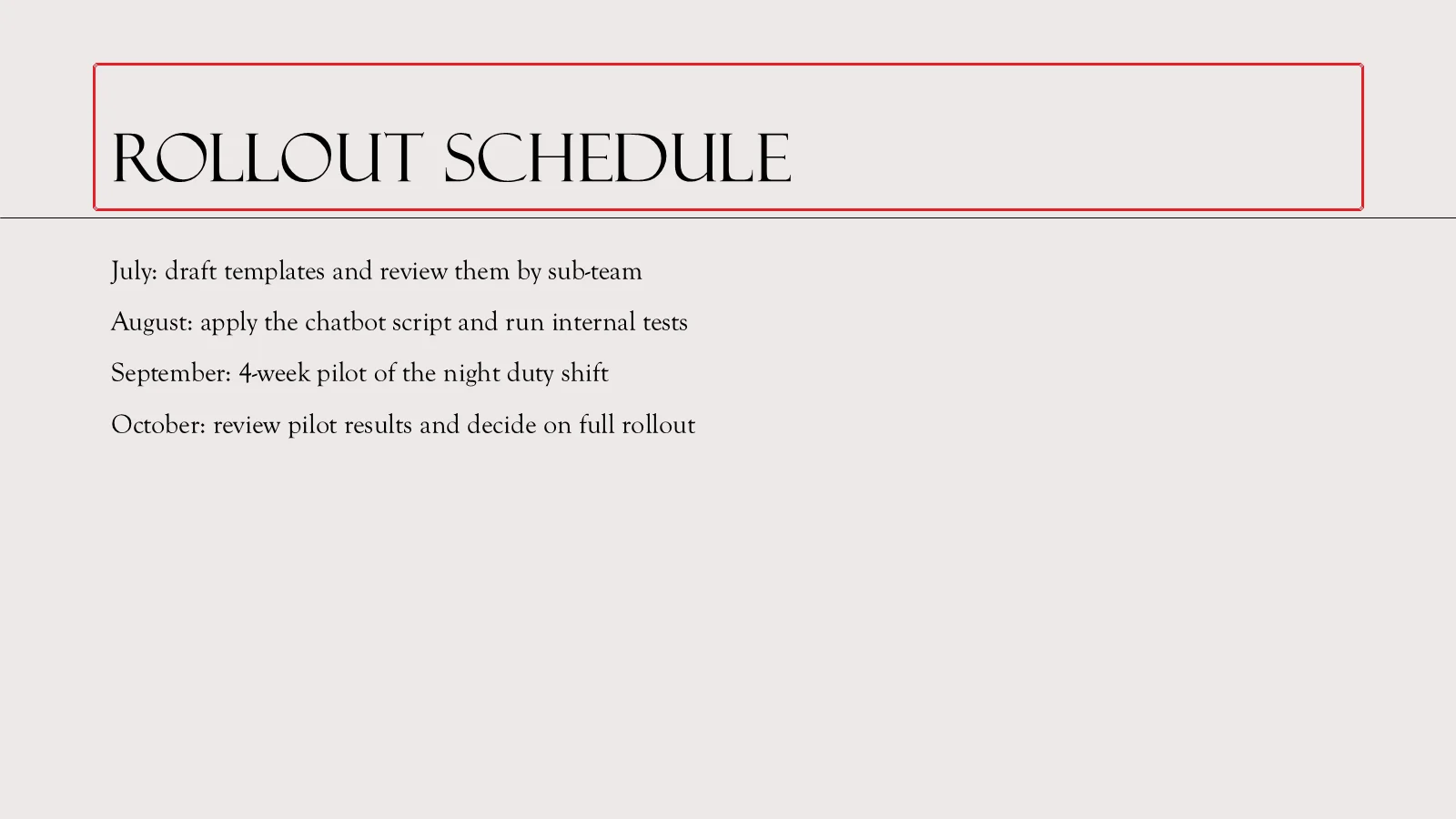 Rendered slide after cleanup with the title at the standard top position and consistently aligned bullets, red box on the title placeholder