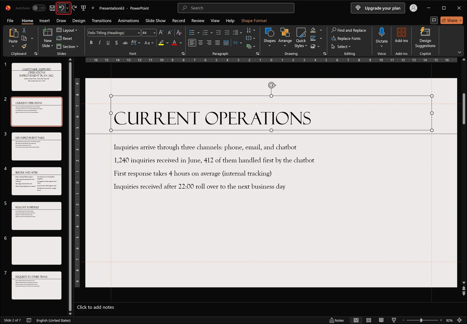 PowerPoint after clicking Undo so the placeholder returns to its pre-reset position, red box on the Undo button in the quick access toolbar