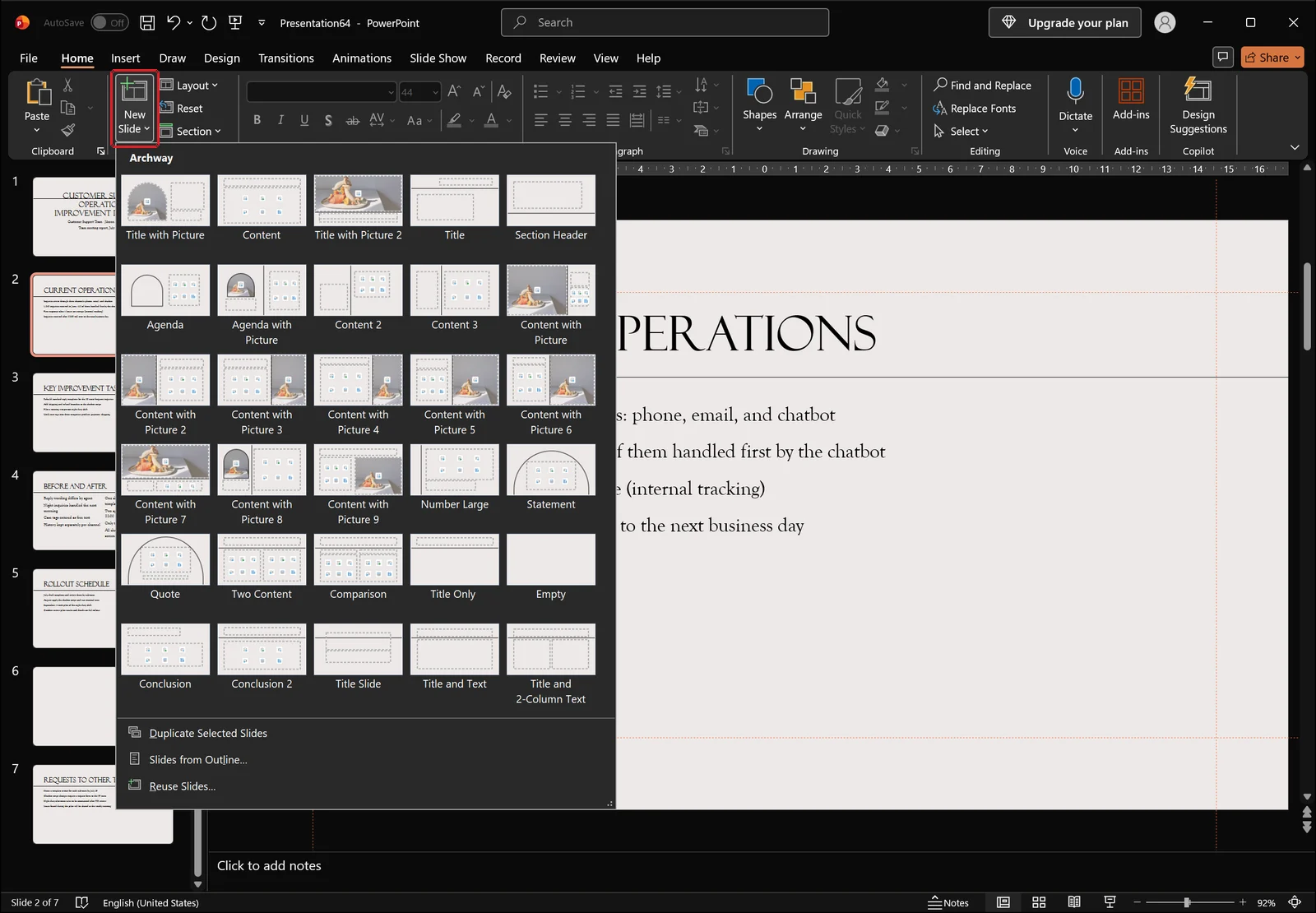 PowerPoint Home tab with the New Slide layout gallery open showing layout thumbnails, red box on the New Slide button