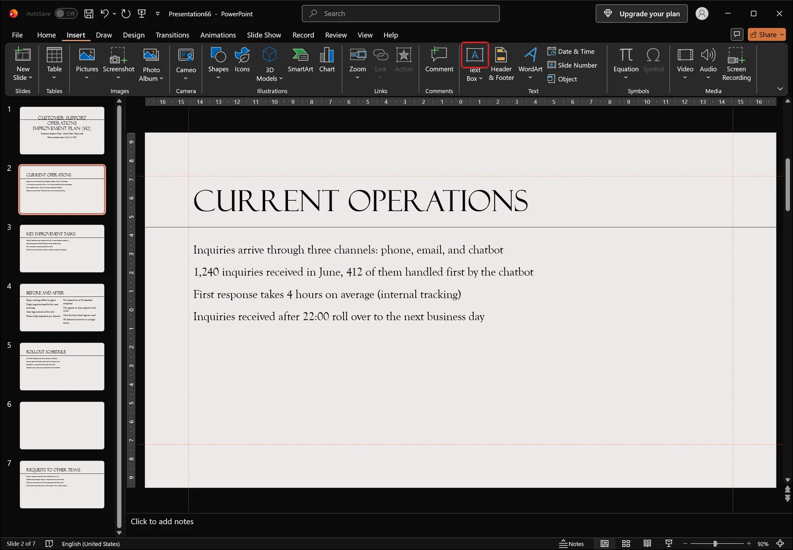 PowerPoint Insert tab with the Text group visible and a red box on the Text Box command, editing slide below the ribbon