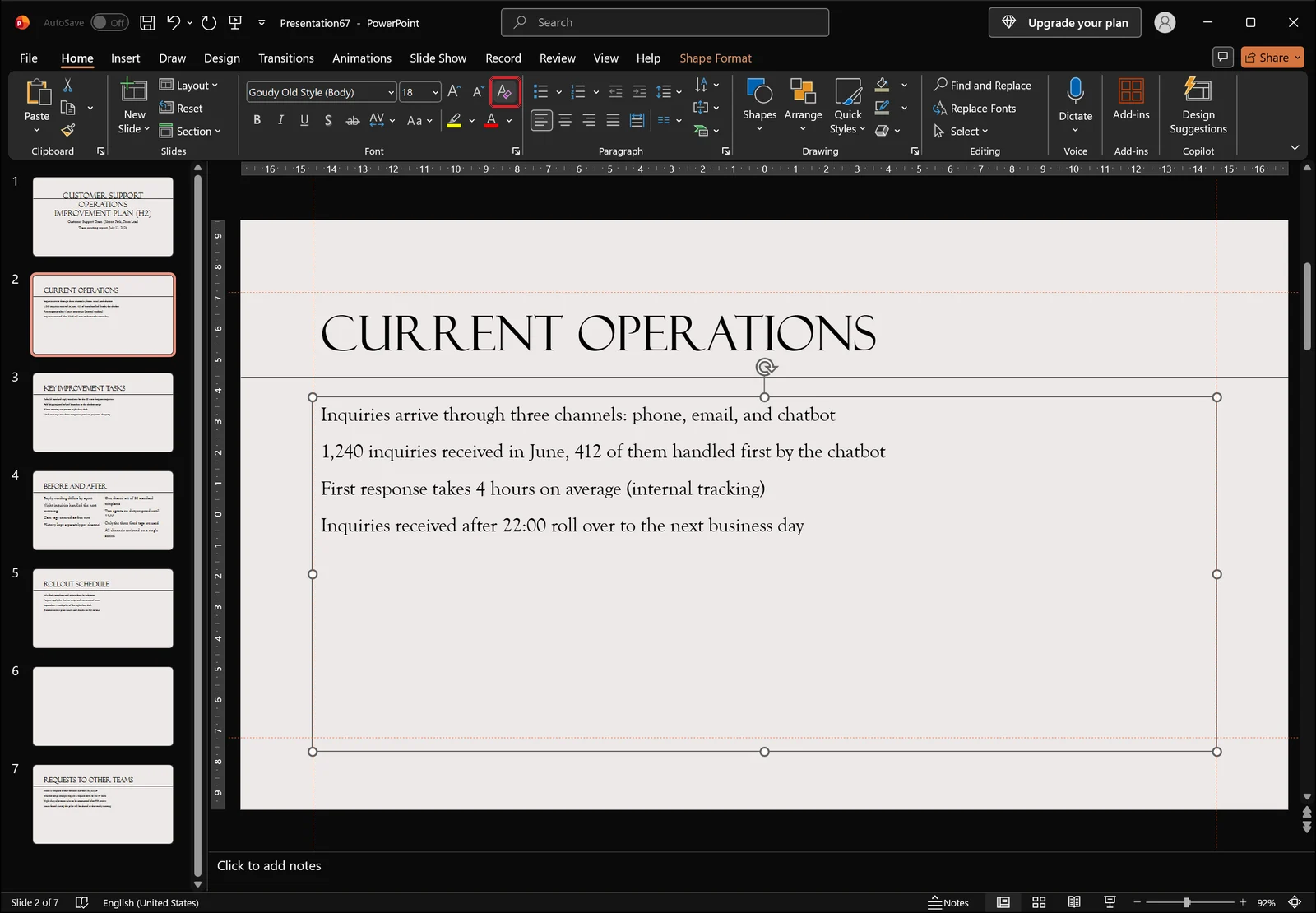 PowerPoint after clicking Clear Formatting on the selected body placeholder so its text returns to default formatting, red box on the Clear Formatting button