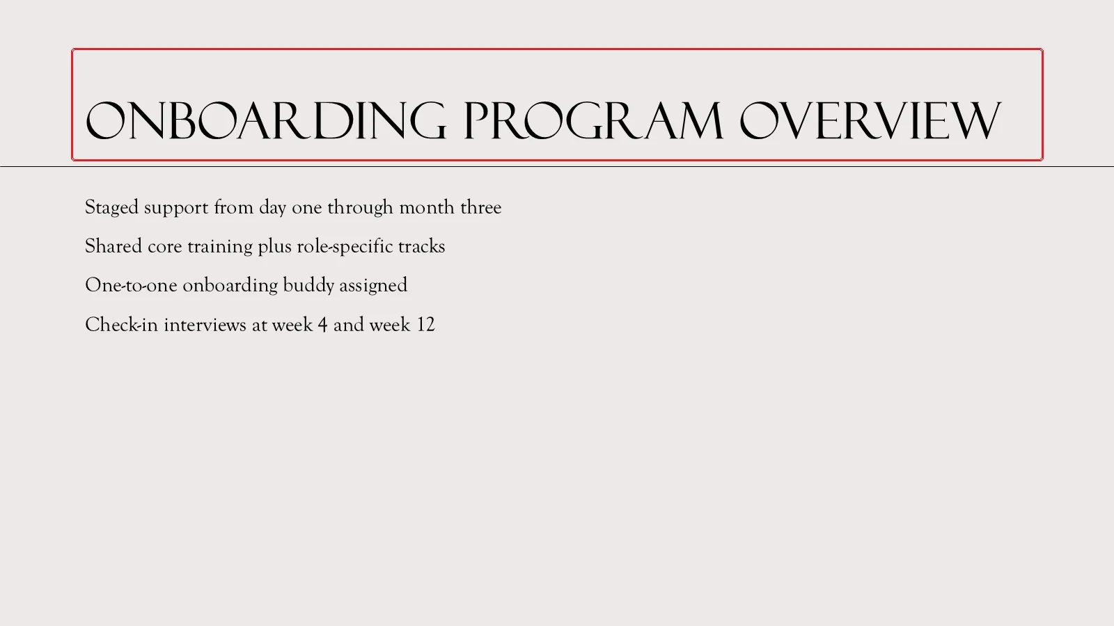Rendered slide with a title placeholder highlighted by a red box and a body placeholder with four unbulleted text lines below