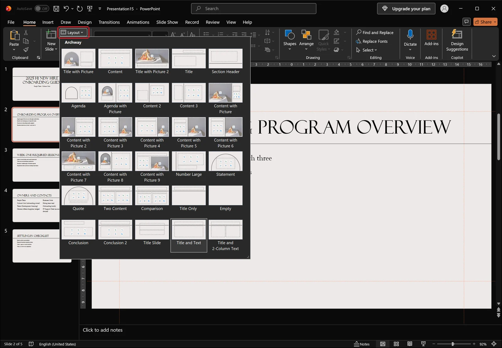 PowerPoint Home tab with the Layout gallery expanded showing the list of layout thumbnails inherited from the slide master
