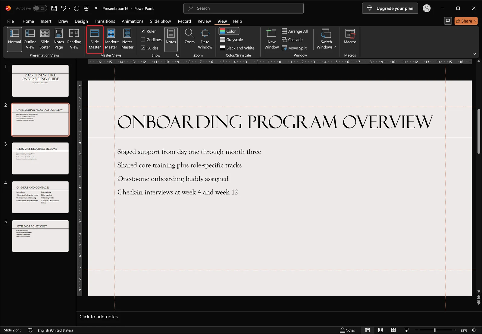 PowerPoint View tab with a red box highlighting the Slide Master button in the Master Views group