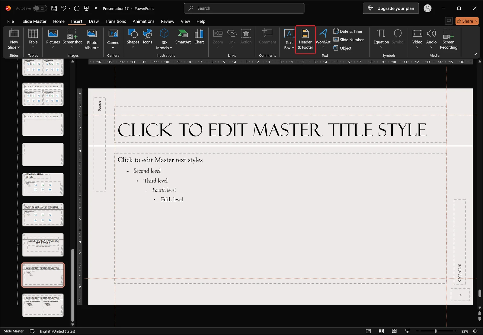 Slide Master view with the Insert tab active and a red box highlighting the Header & Footer command