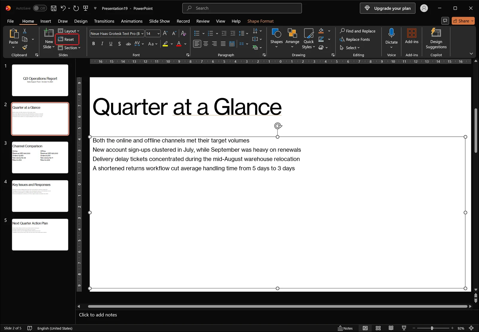 PowerPoint Home tab with a text placeholder selected and a red box highlighting the Reset button in the Slides group